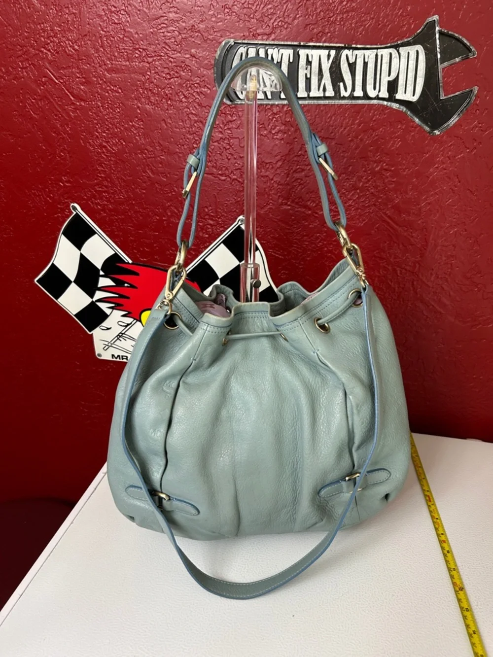 MCM Pale Blue Pebbled Leather Drawstring Hobo Bag - Picture 6 of 15